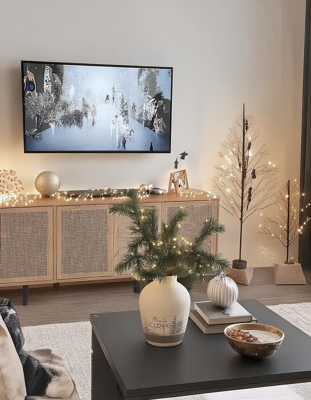 Add Sophistication to Christmas TV Stand Decor with Neutrals