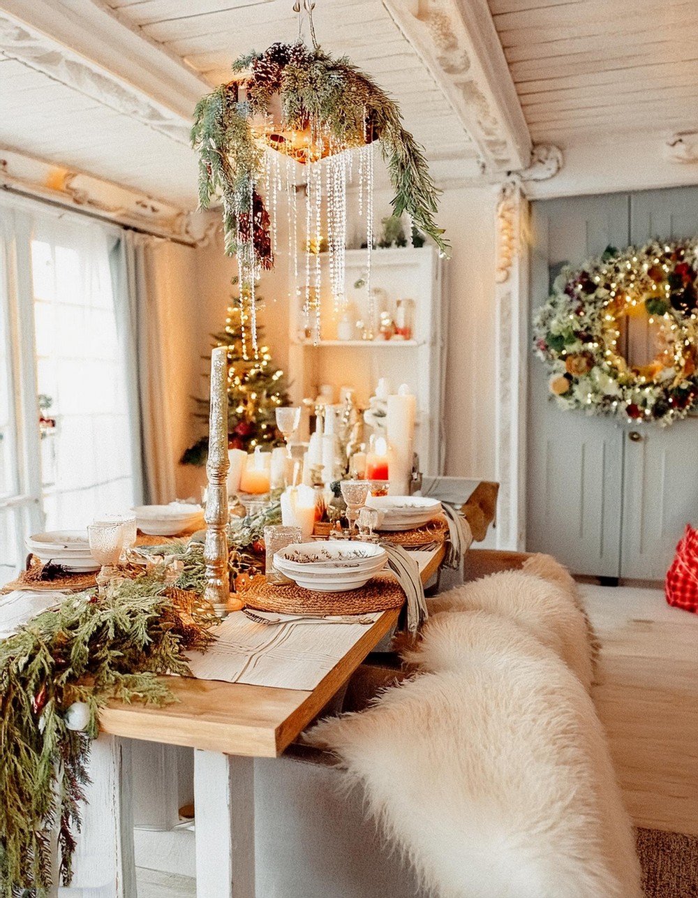 Chandelier and Table Runner Decor