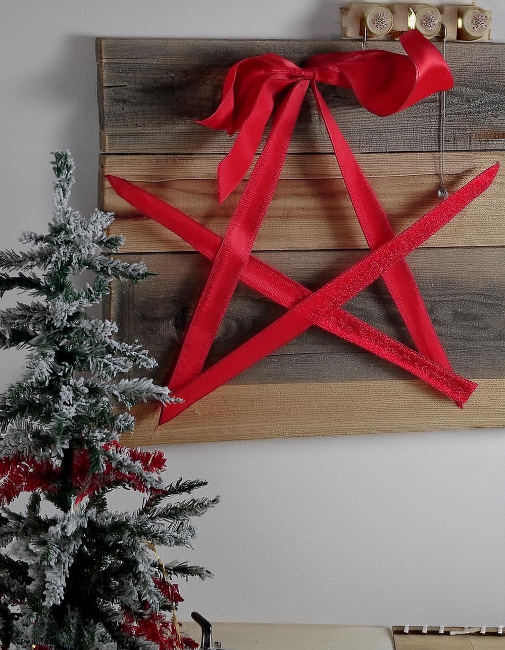 Create a Festive Look with Barn Wood and Red Ribbon