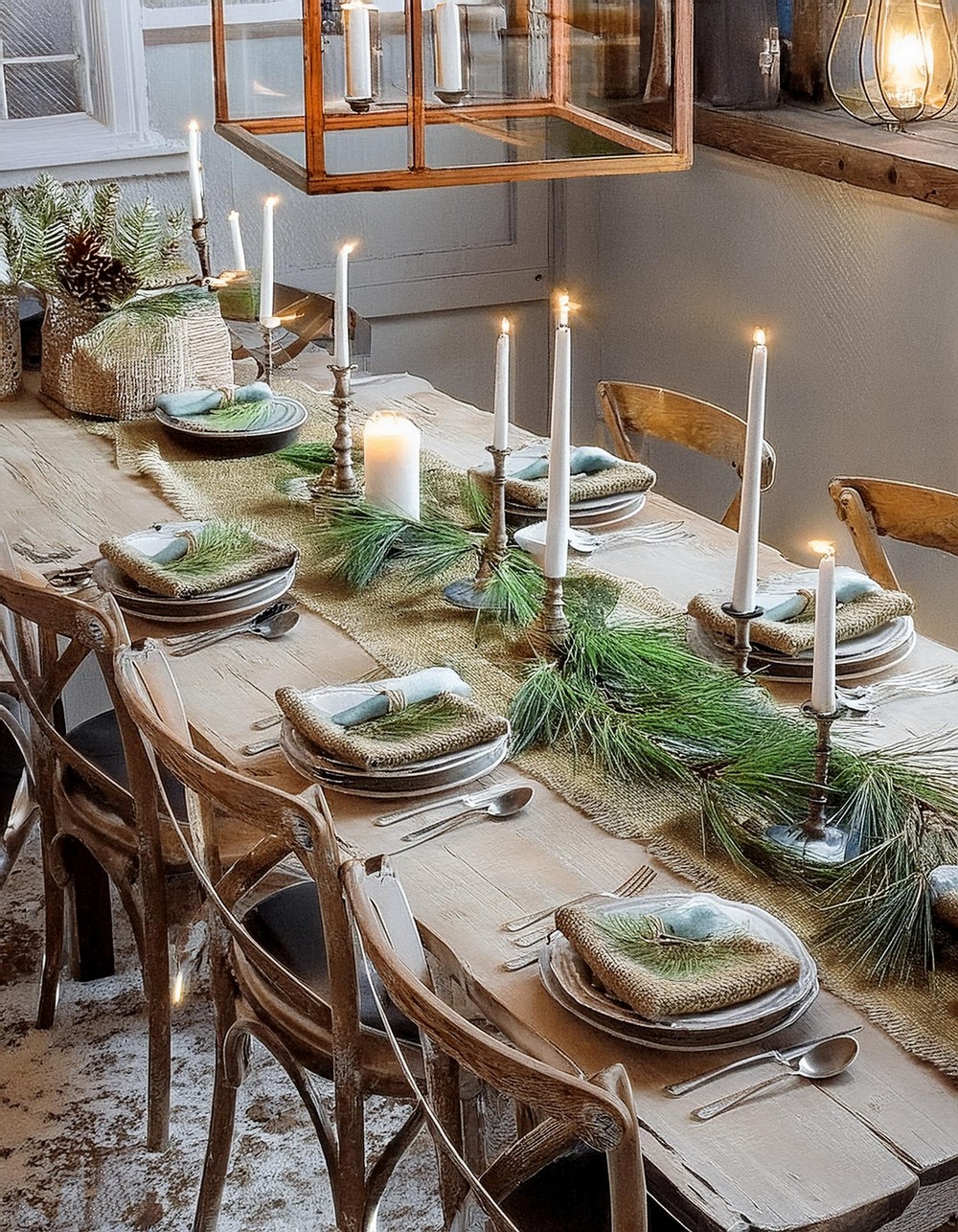 Define Table with Burlap and Evergreen Tablerunner