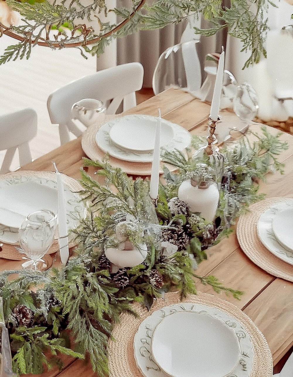 Evergreen Table Centerpiece with Woven Placemats