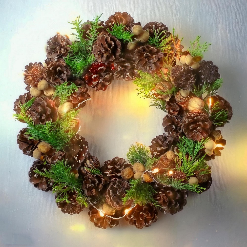 Evergreens And Pinecones Lighted Wreath