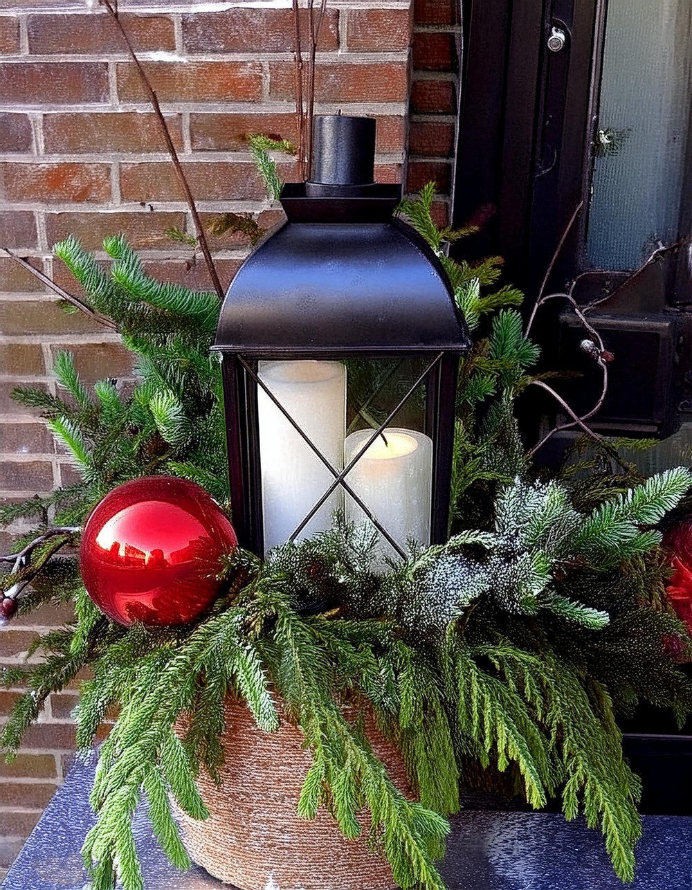 Festive Christmas Planter with Lantern and Oversized Bauble