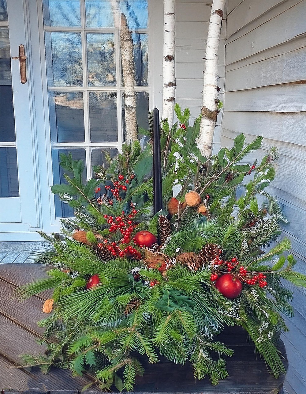 Festive Front Porch Planter with Evergreens and Birch Branches