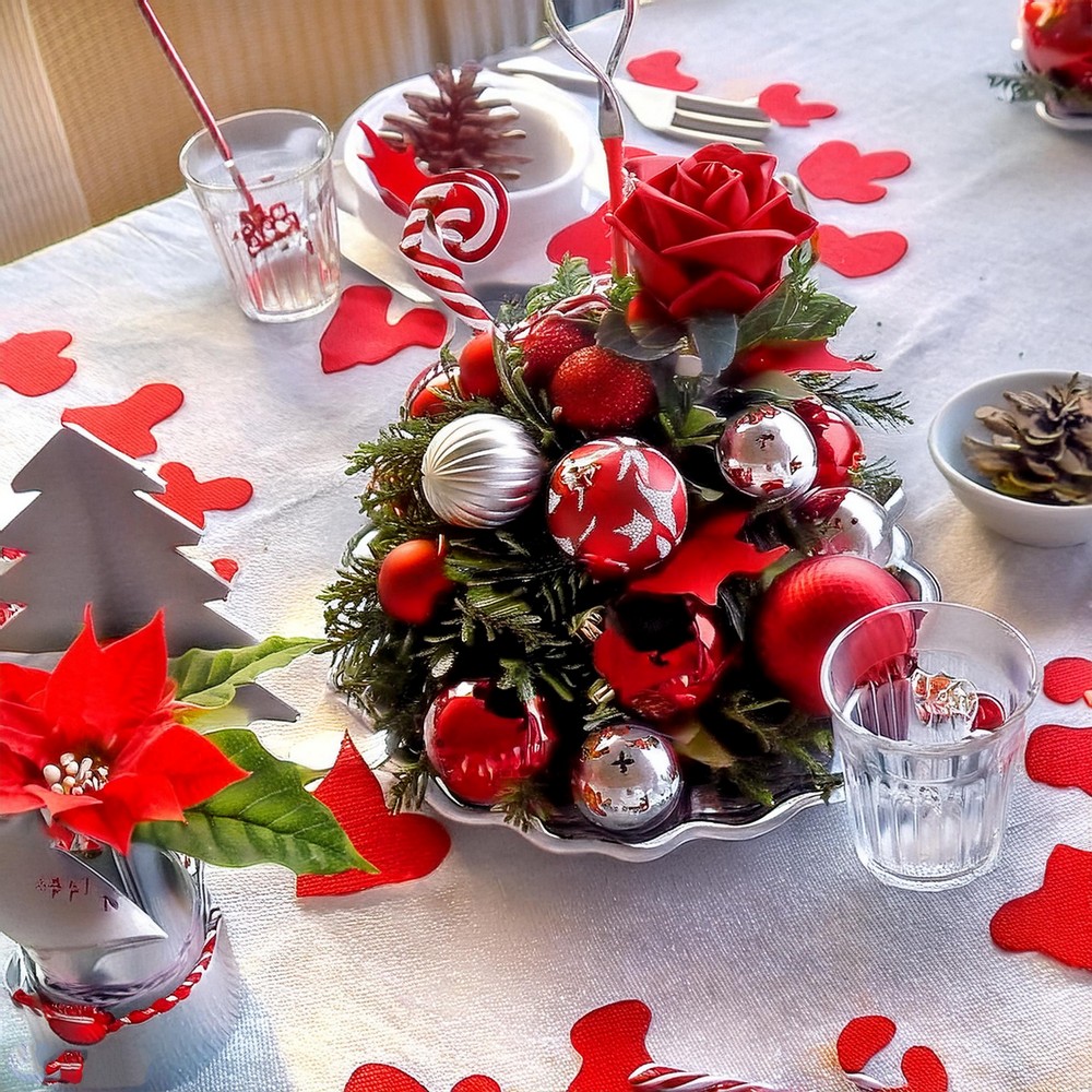 Festive Holiday Centerpiece with Red, Green, and Silver Accents