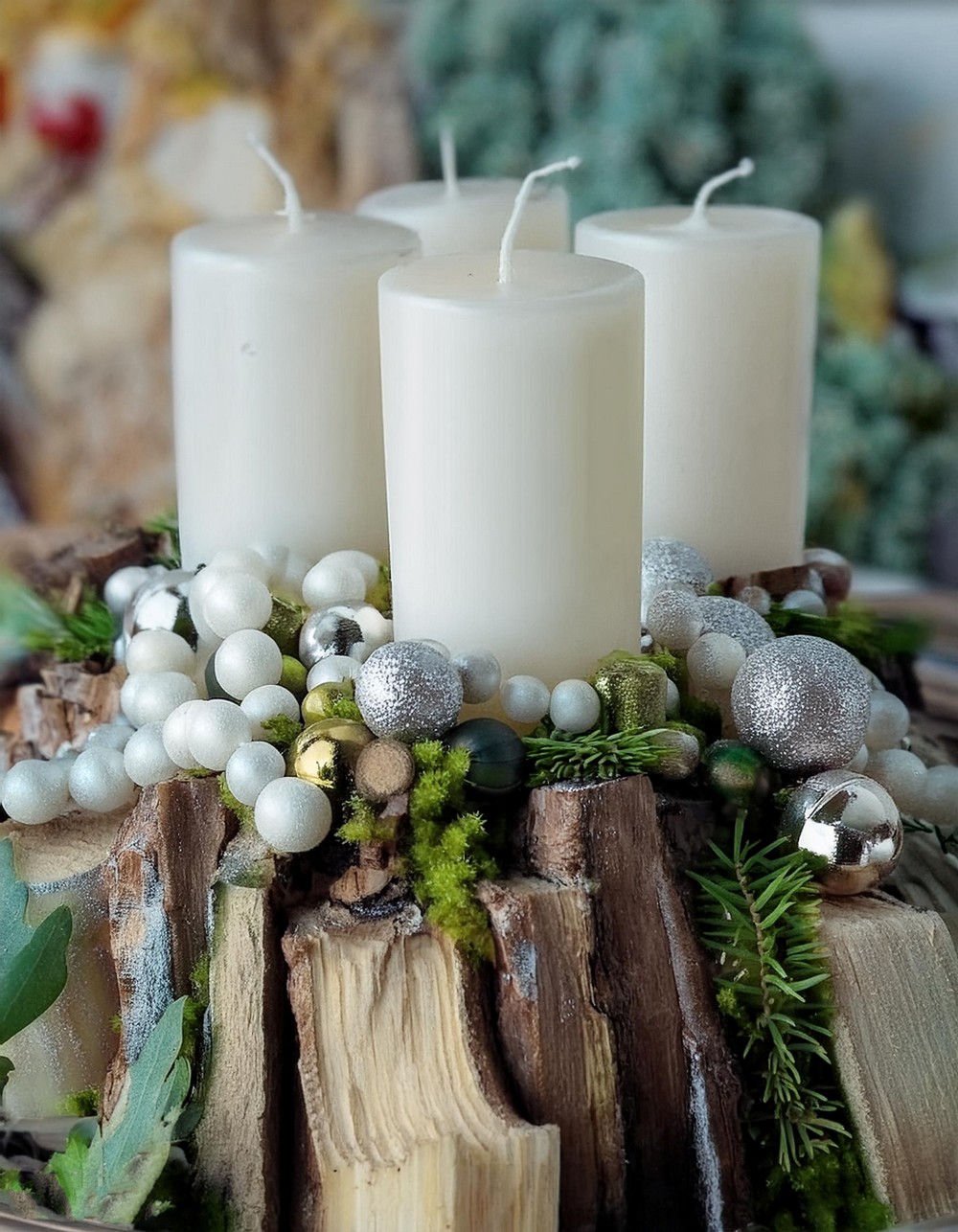 Place Your White Candles on Tree Bark for a Rustic Look