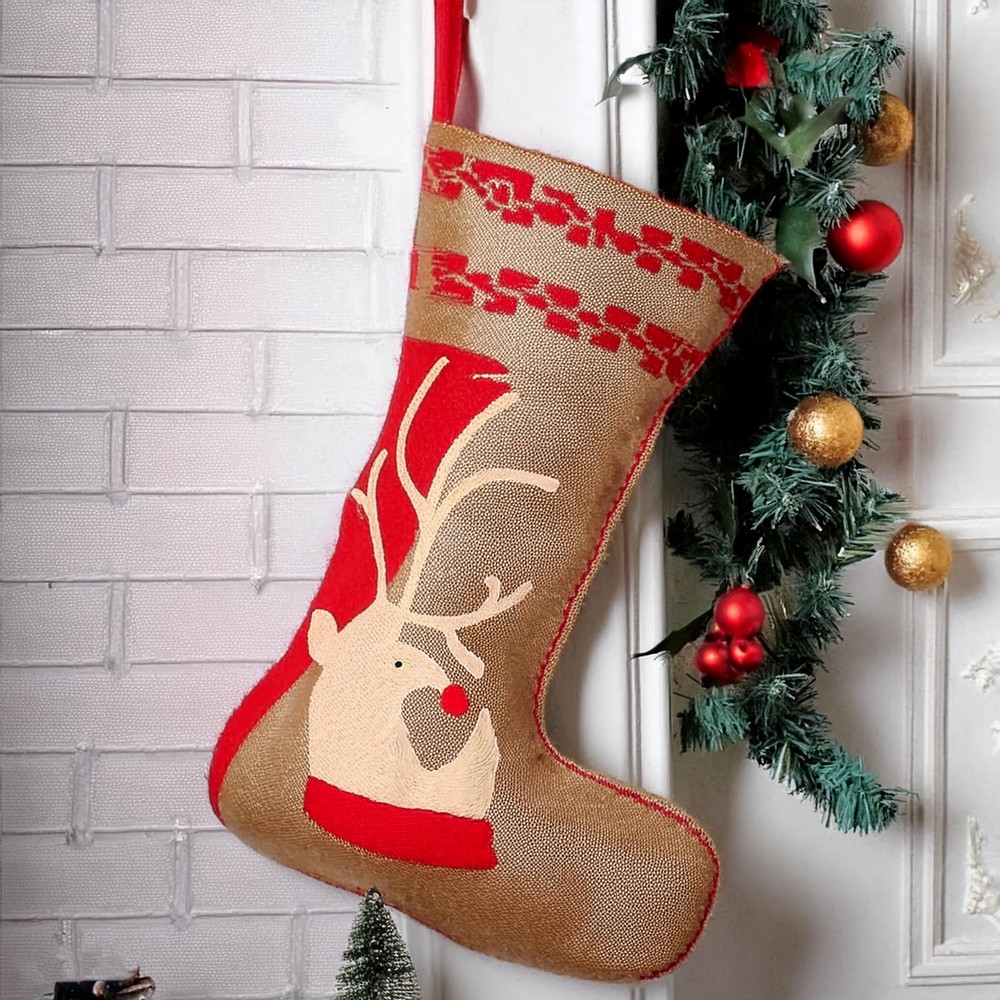 Reindeer Silhouette Burlap Stocking