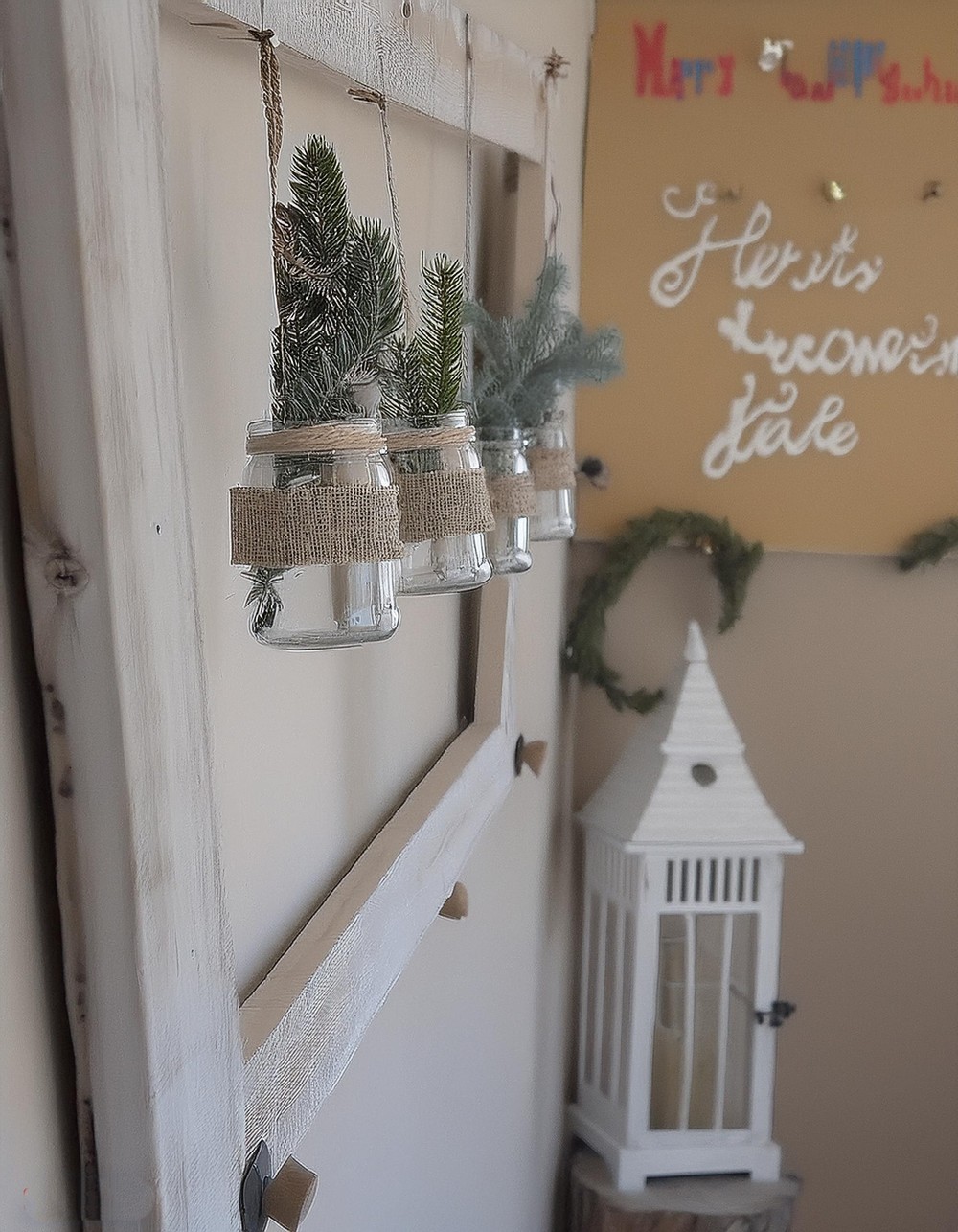 Rustic Wall Display with Old Window Frame and Mason Jars