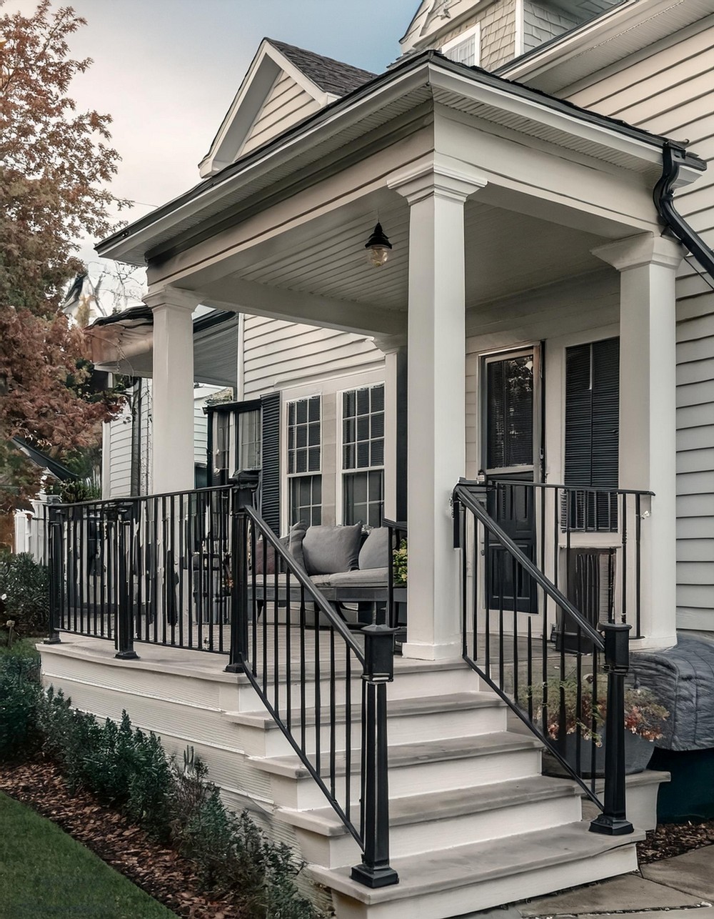 Classic White Railing with Black Iron Spindles