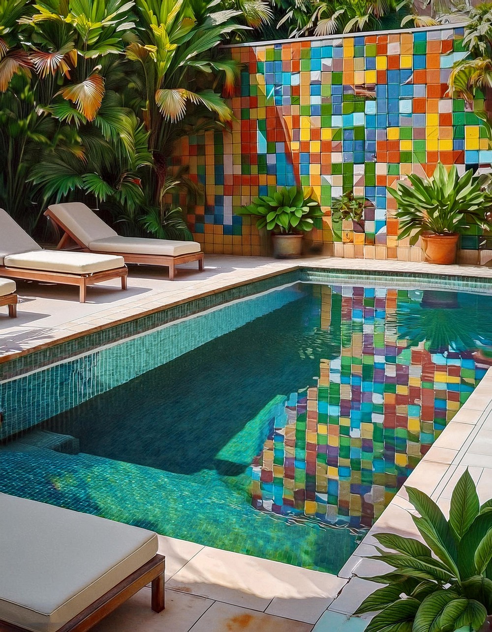 Colorful Tile Accent Wall Behind Pool