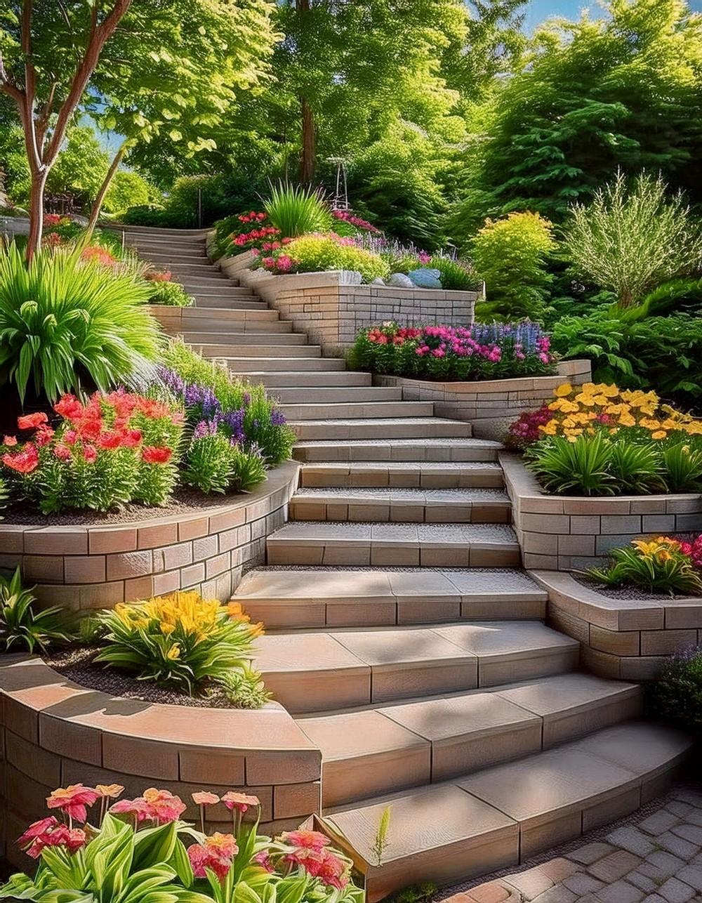 Concrete Block Retaining Wall with Staircase