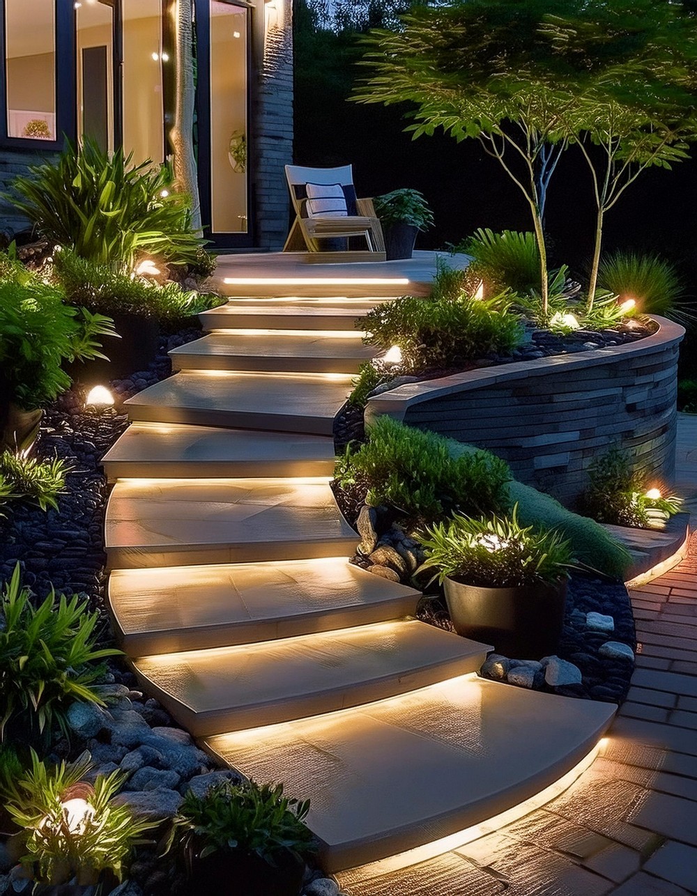 Curved Steps with LED Lighting