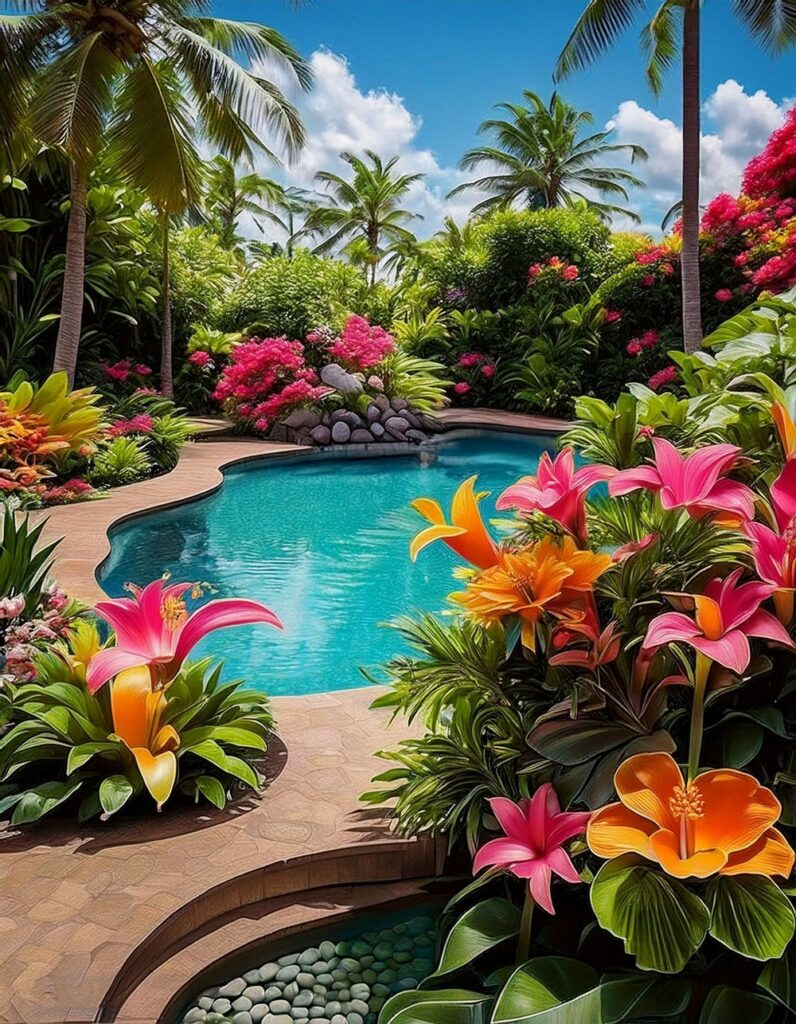 Exotic Flower Bed Around Pool