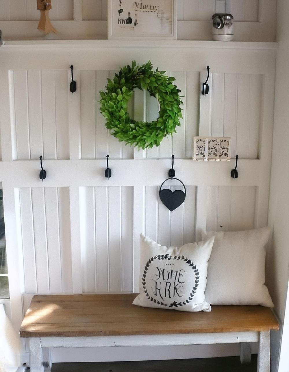 Farmhouse Style Wood Paneled Coat Rack And Bench