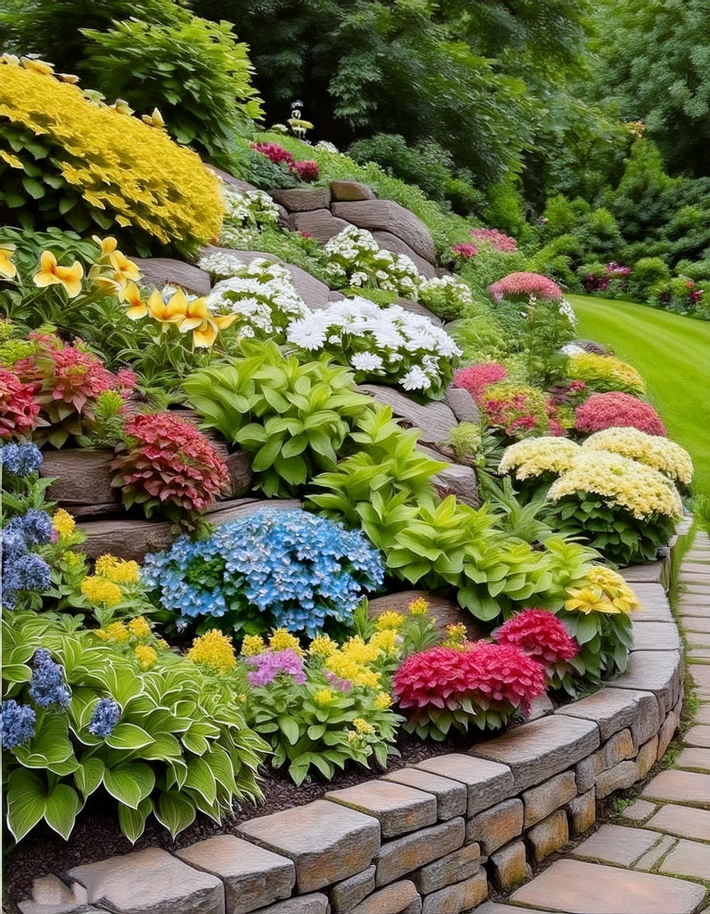 Fieldstone Retaining Wall with Flower Beds