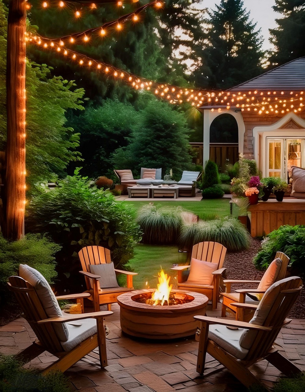 Fire Pit with Adirondack Chairs and Ottoman