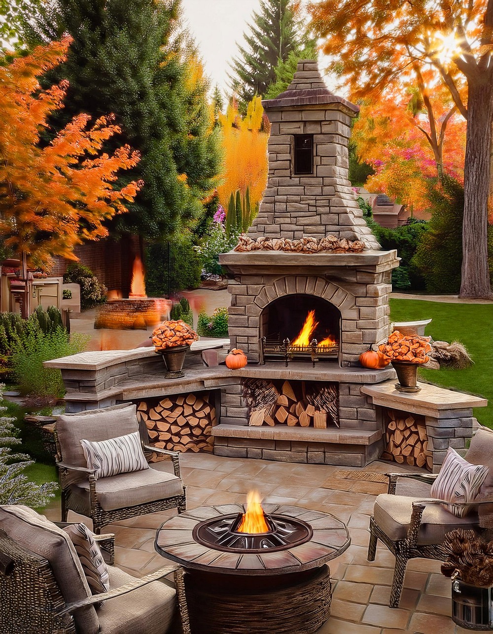 Fireplace with Built-In BBQ and Outdoor Kitchen