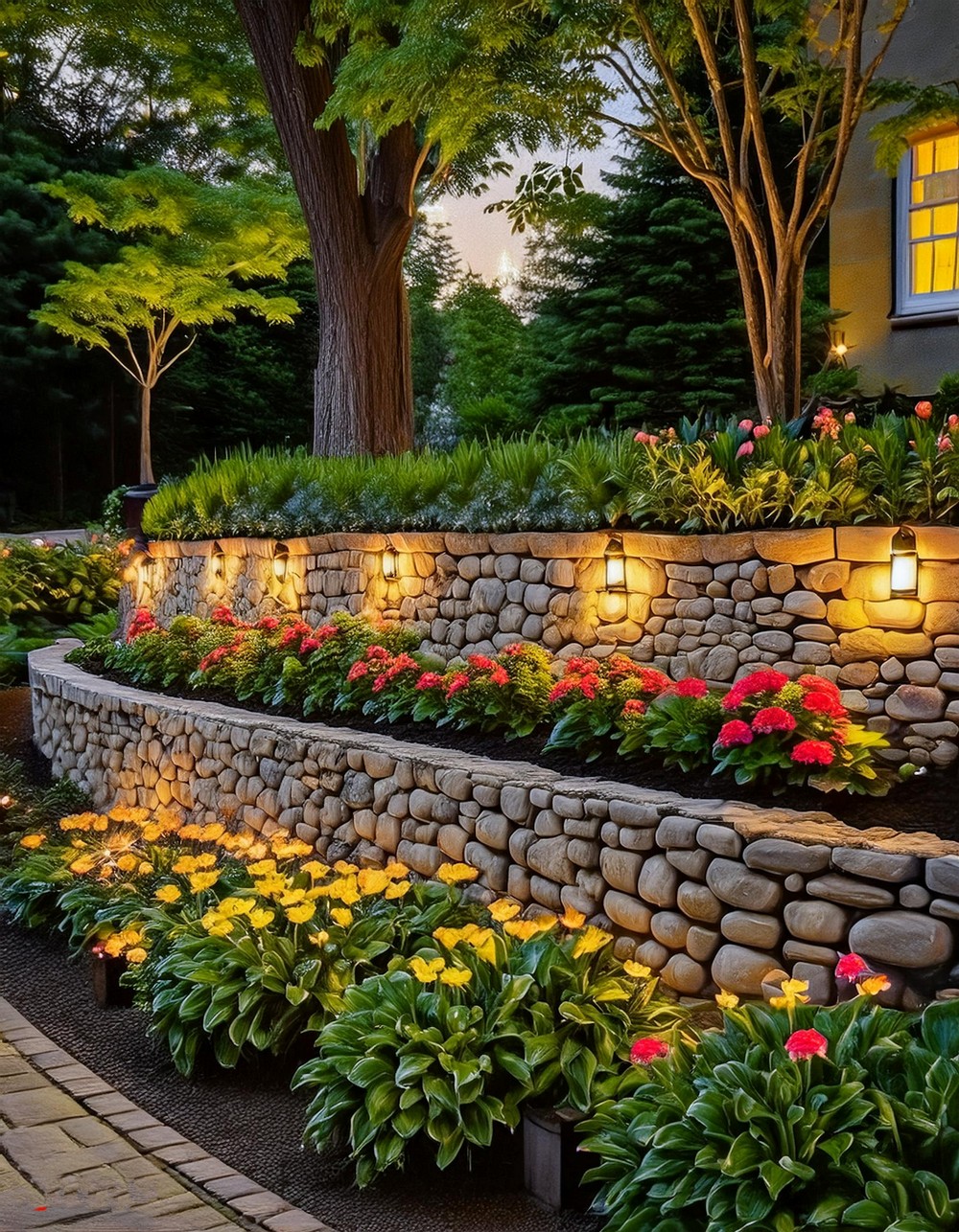 Gabion Retaining Wall with Decorative Lighting