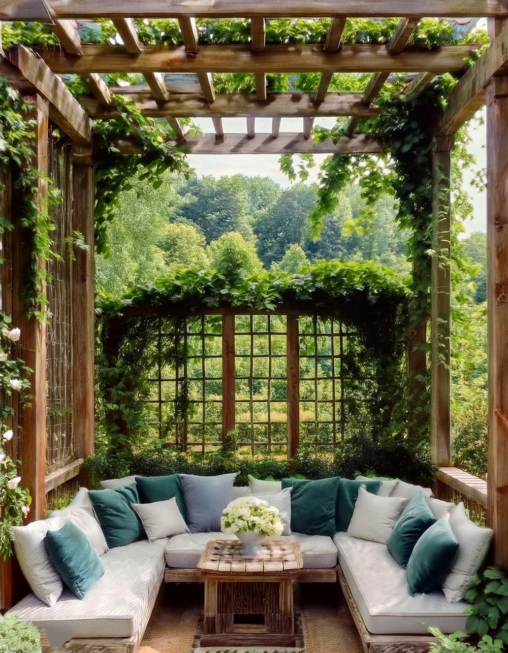 Greenery-Covered Corner Pergola