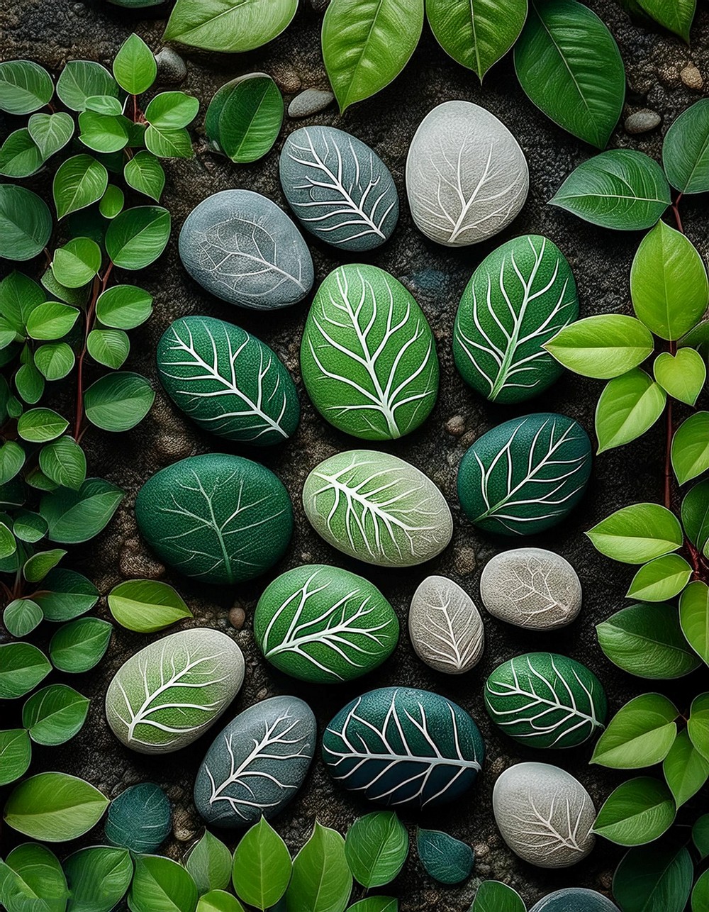 Hand-Printed Leaf Designs on Rocks