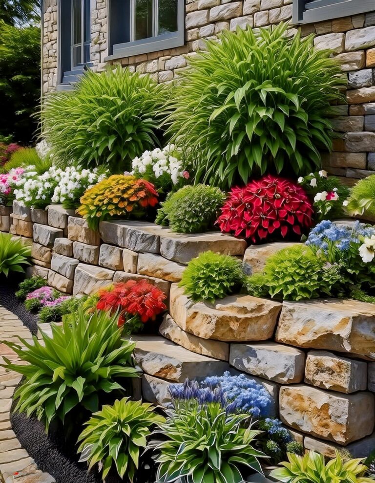 Natural Stone Retaining Wall with Tiered Planters