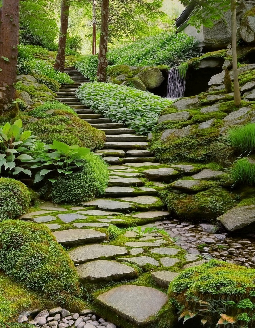 Natural Stone Steps with Moss Accents