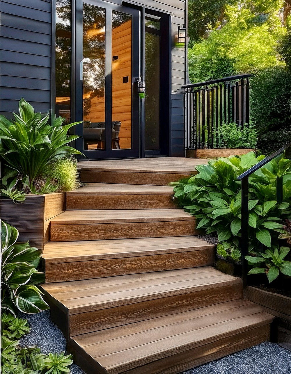 Reclaimed Wood Steps with Modern Railings