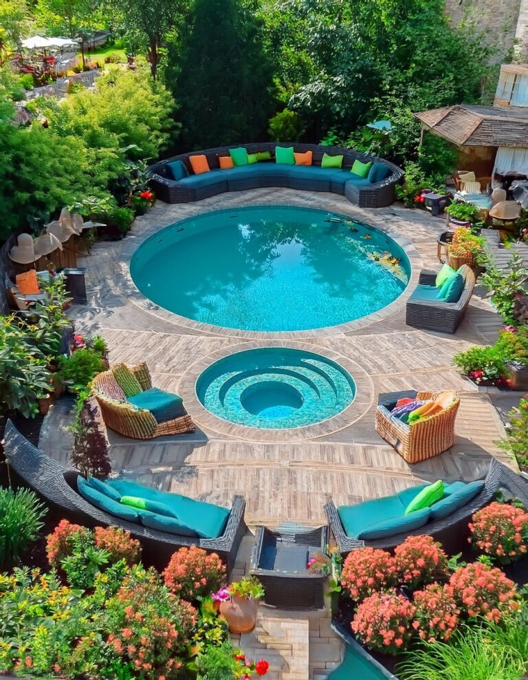 Round Pool Deck with Built-in Seating