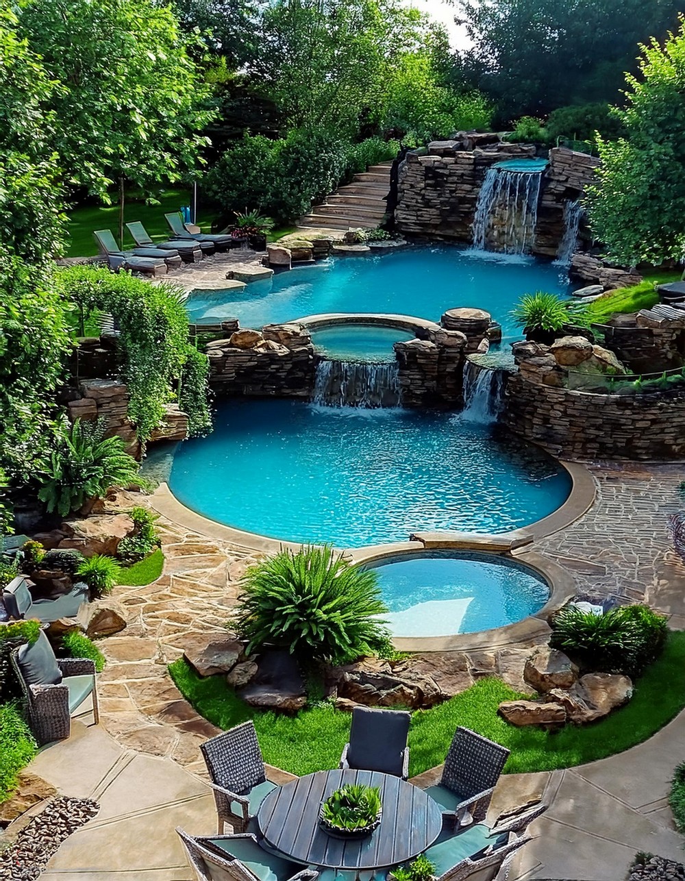 Round Pool with Hot Tub and Waterfall