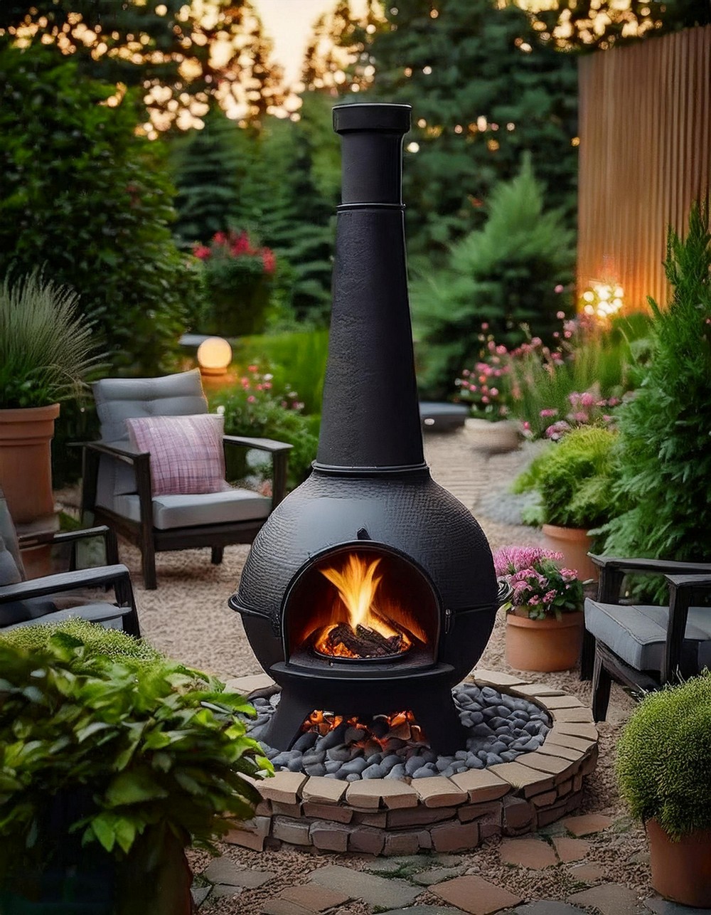 Rustic Chiminea on a Pebble Patio