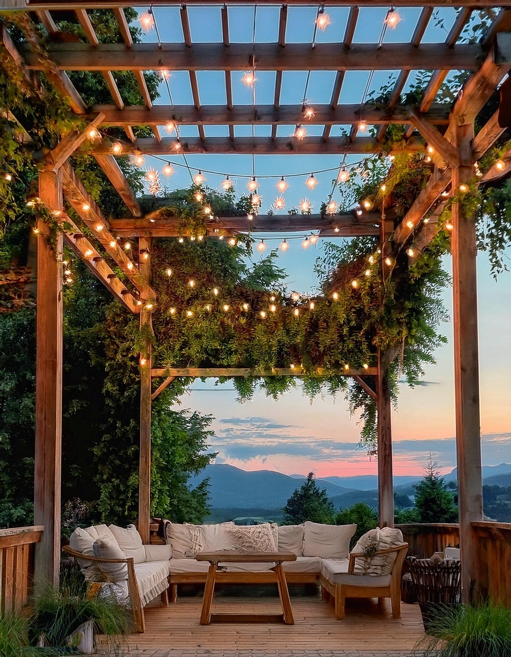 Rustic Wood Pergola with Twinkling Lights