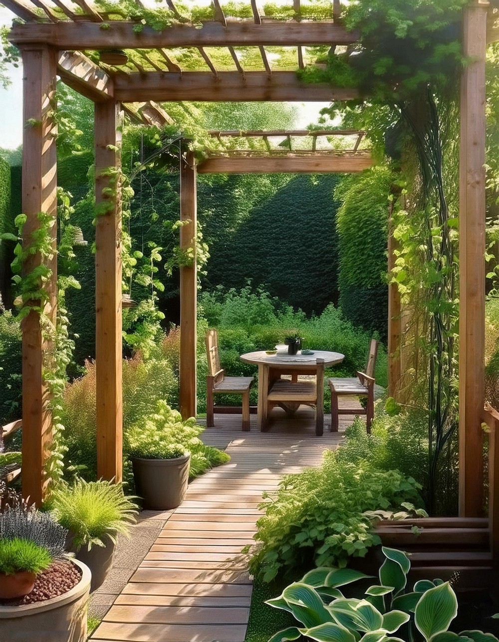 Rustic Wooden Pergola with Green Roof