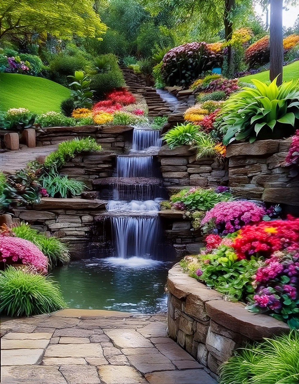 Stacked Stone Retaining Wall with Waterfall