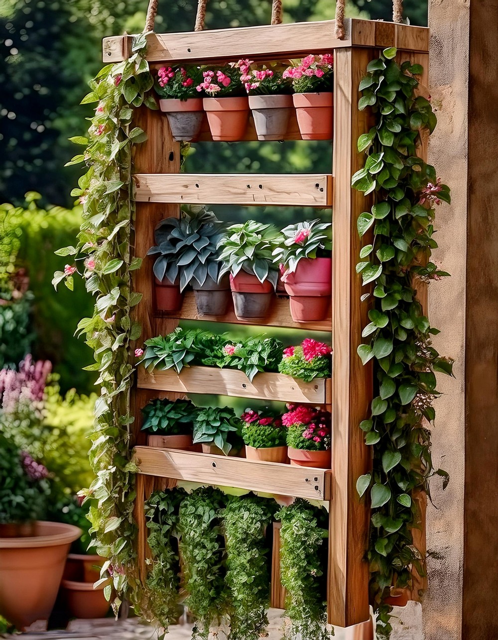 Vertical Planter Box with Macramé Hangers