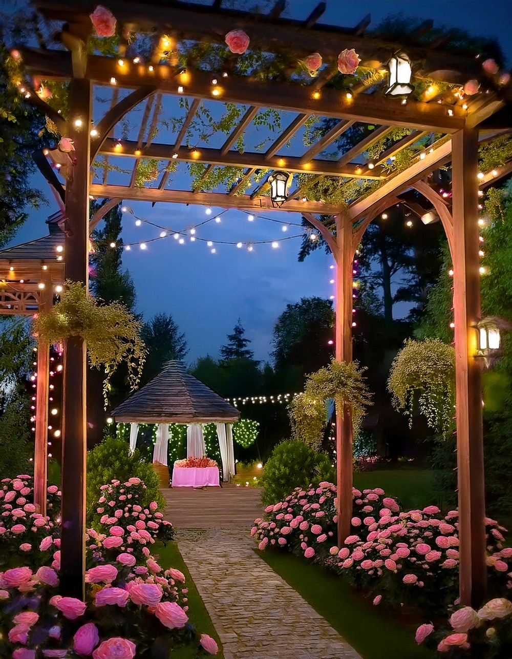 Whimsical Pergola with Fairy Lights and Flowers