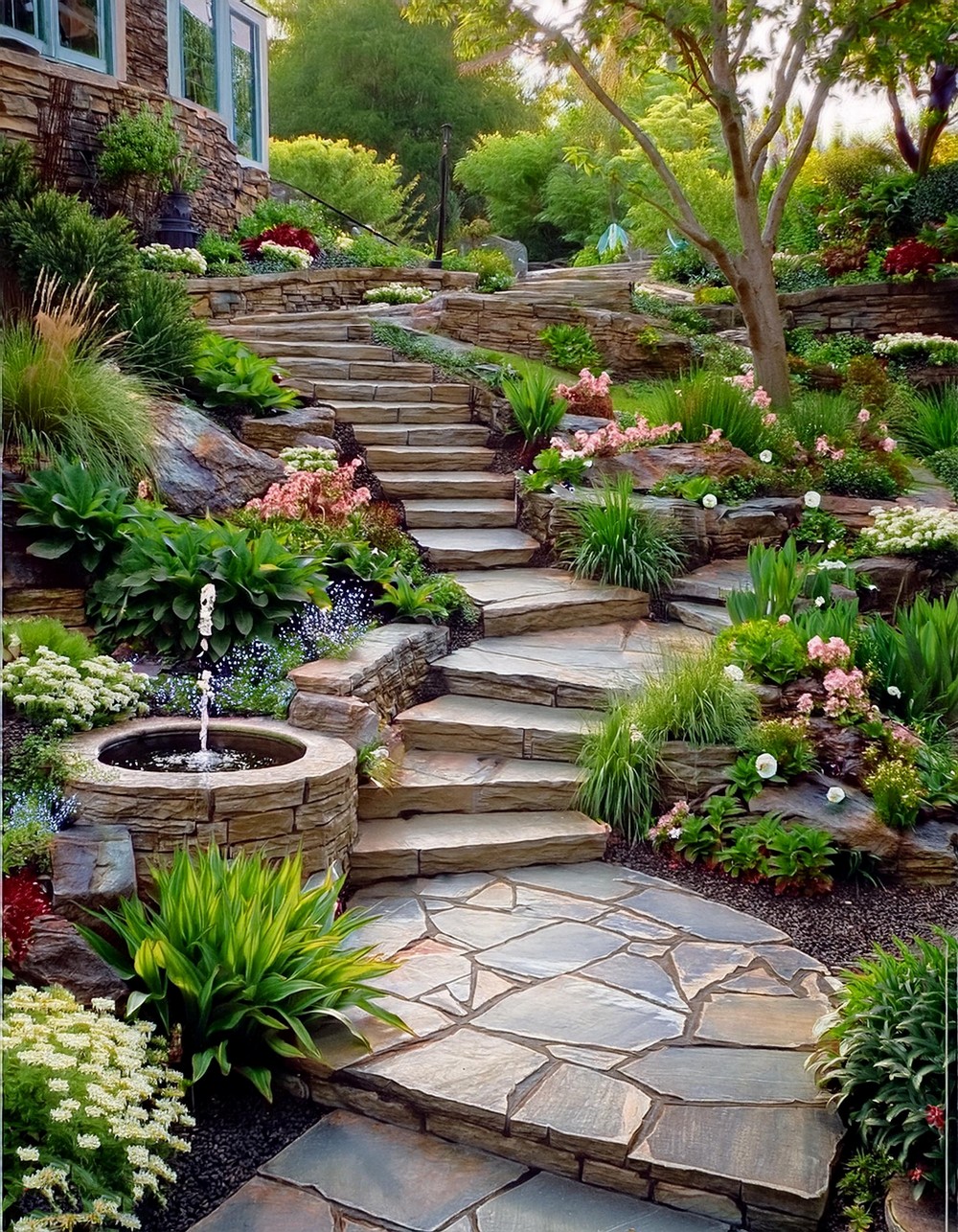 Winding Steps with Water Feature