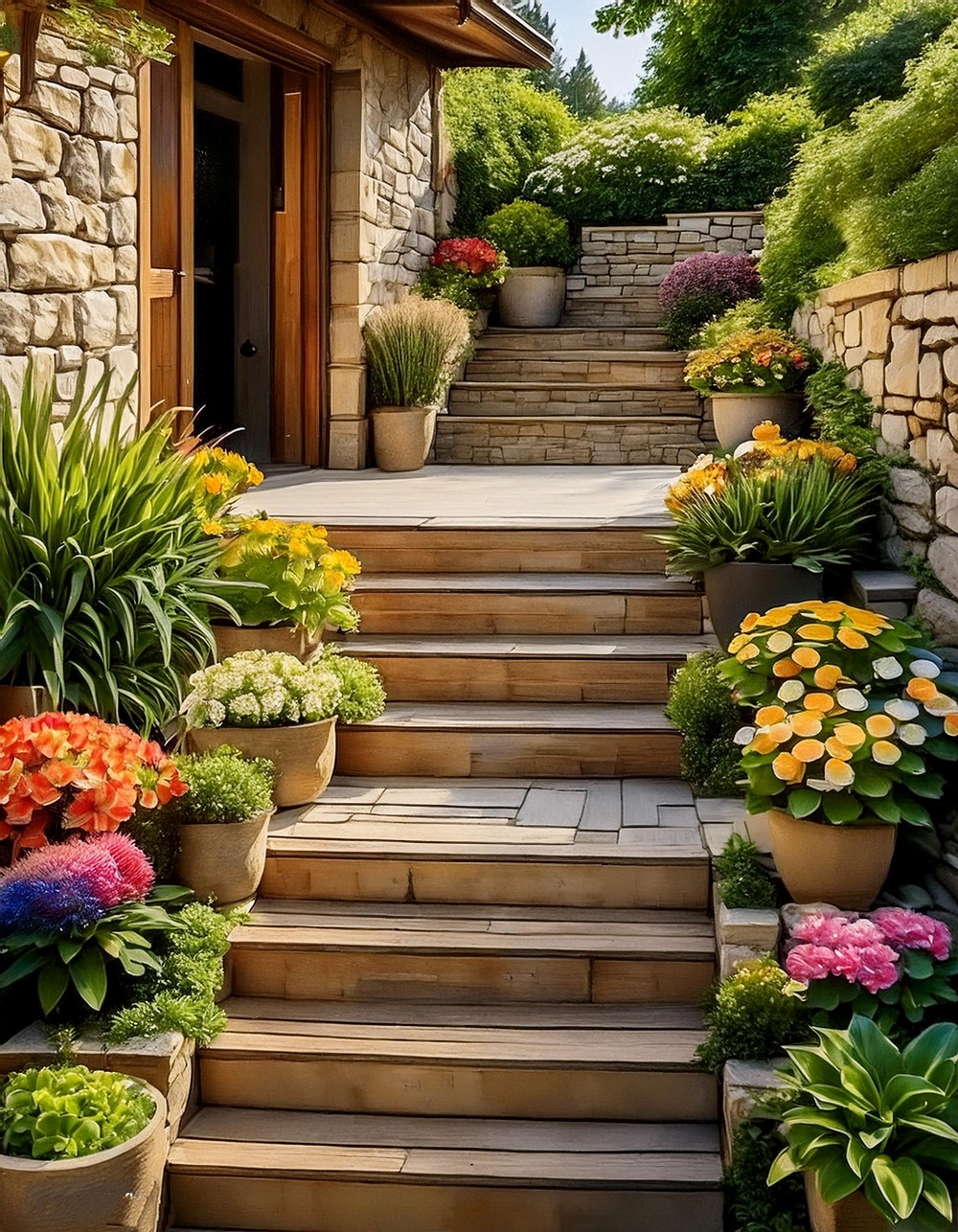 Wooden Steps with Built-in Planters