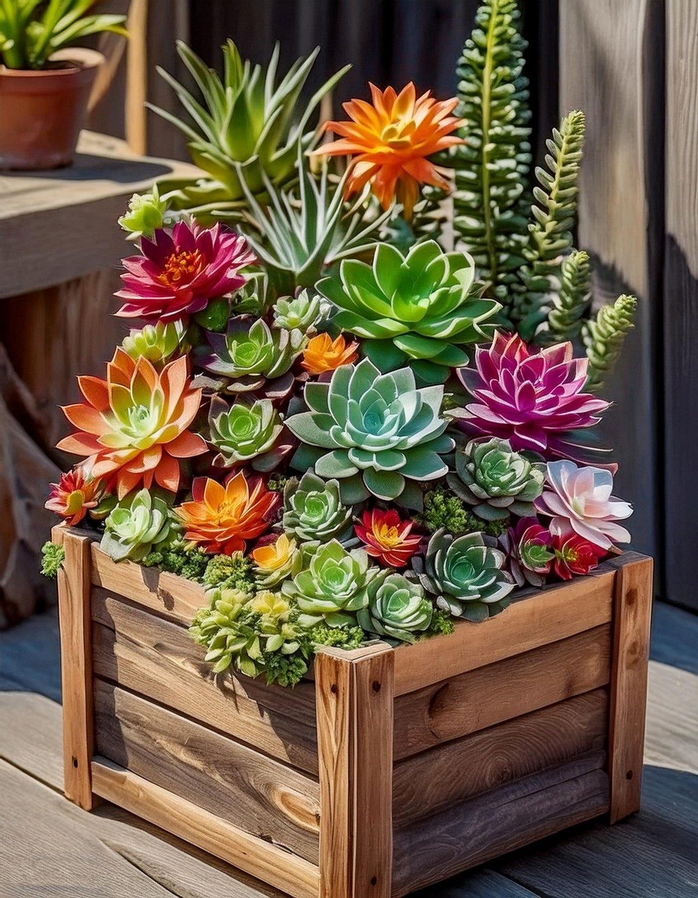 Colorful Mix in a Rustic Wooden Planter