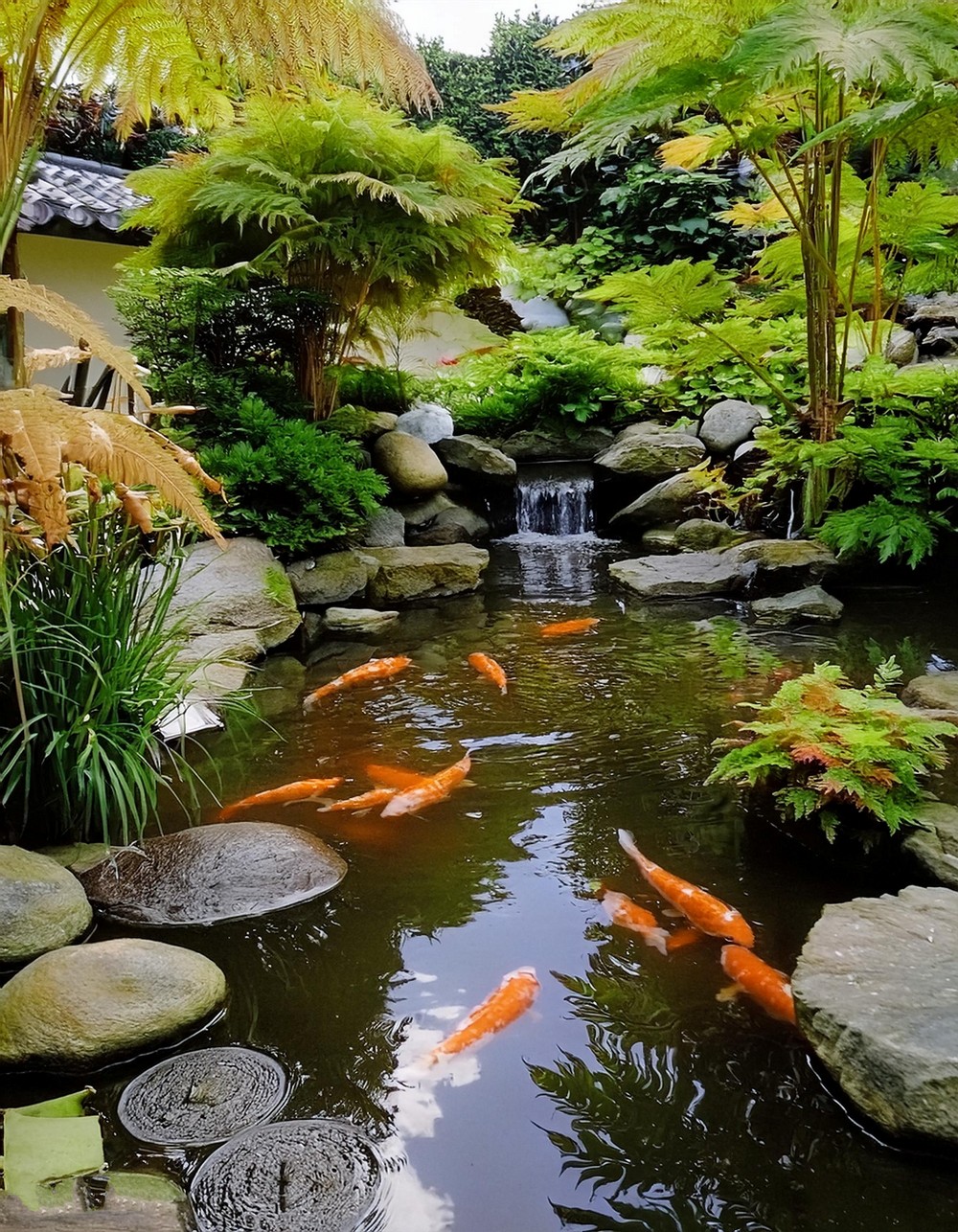 Serene Koi Ponds with Water Features