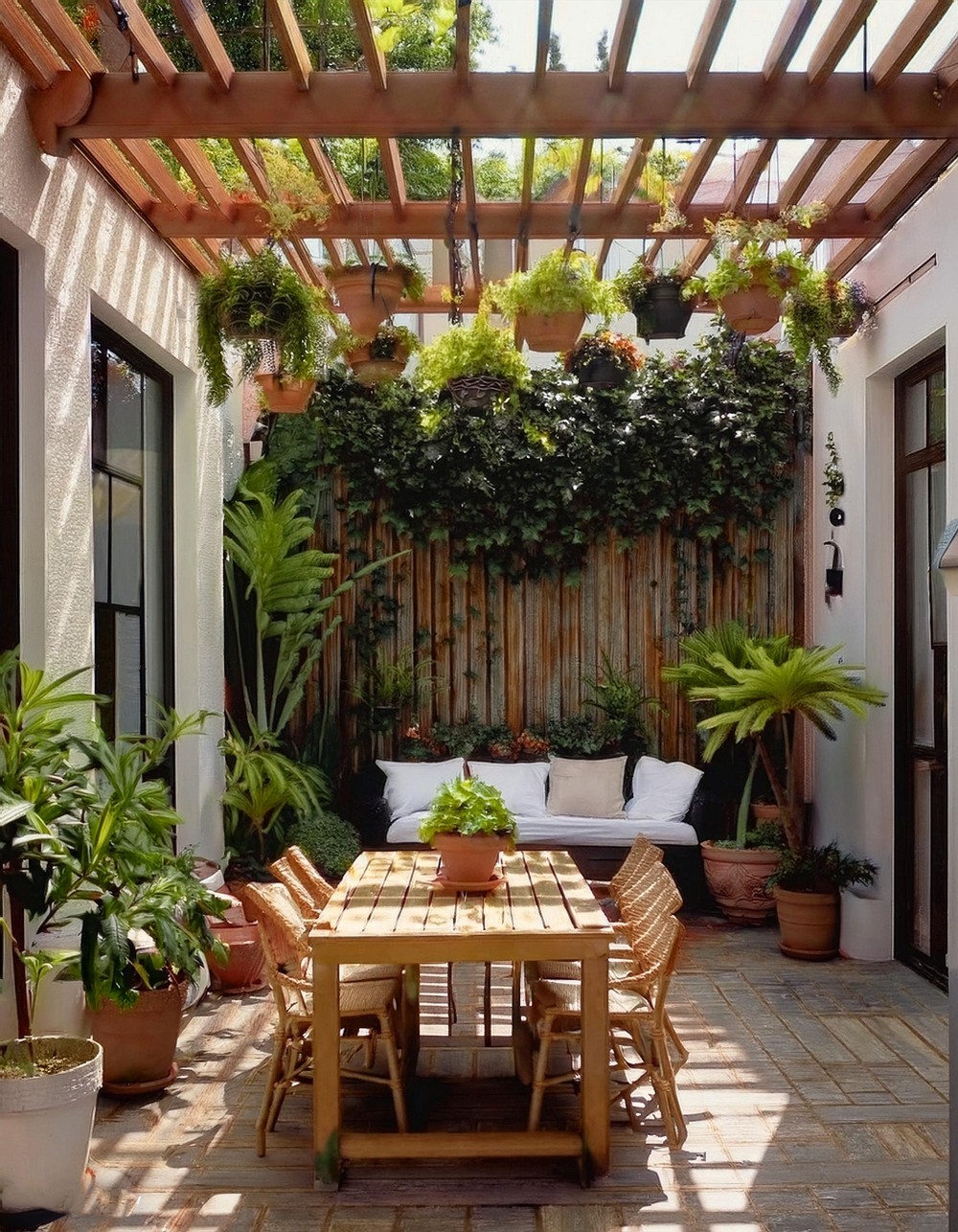 Slatted Roof with Hanging Plants