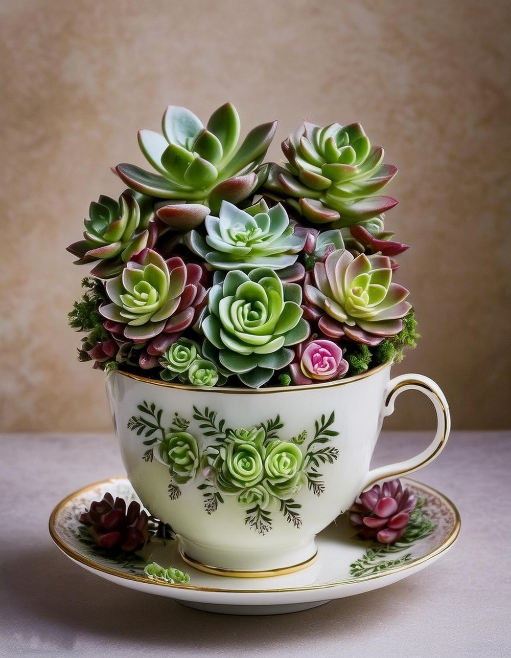 Whimsical Teacup Arrangement with Crassula