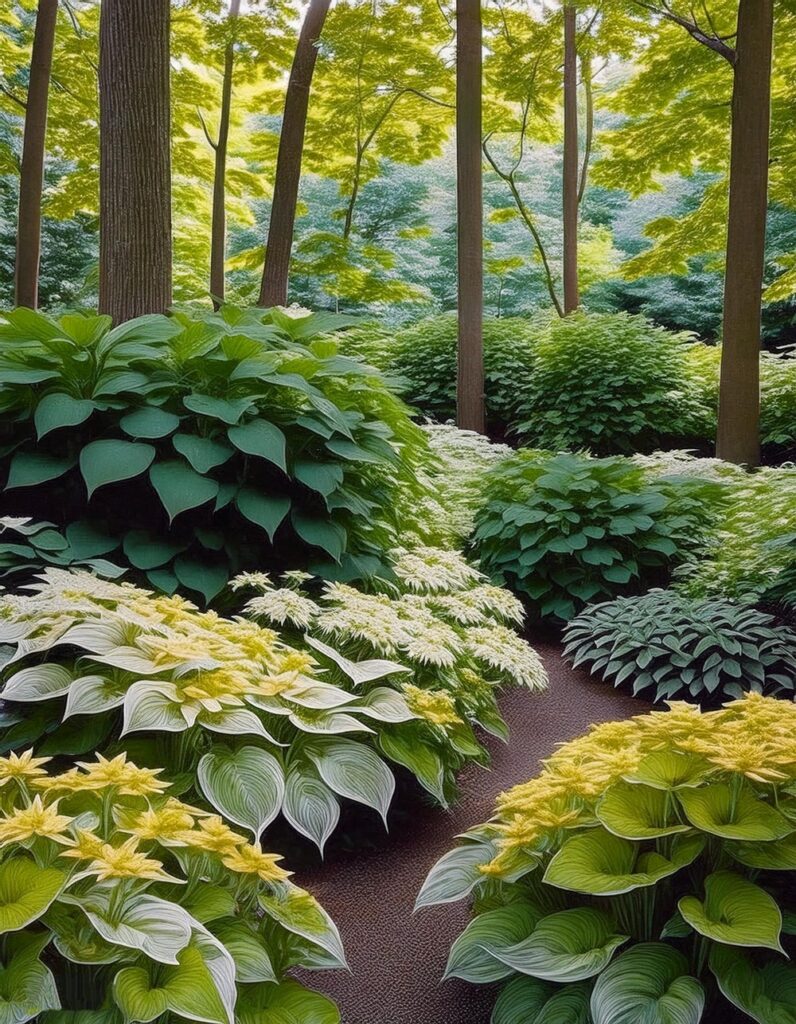 Woodland Oasis with Bigleaf Hydrangeas and Golden Hostas